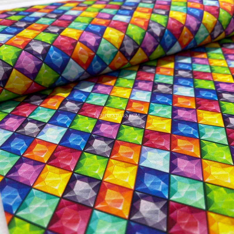 100% Cotton JEWELS / DIAMONDS Fabric Dress Quilting Patchwork Rainbow GEMS 54”