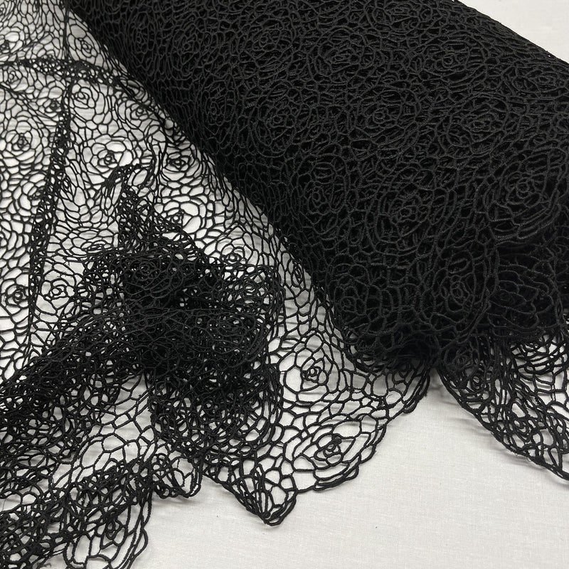 All Over Rose Guipure French Venice Lace Fabric, Black