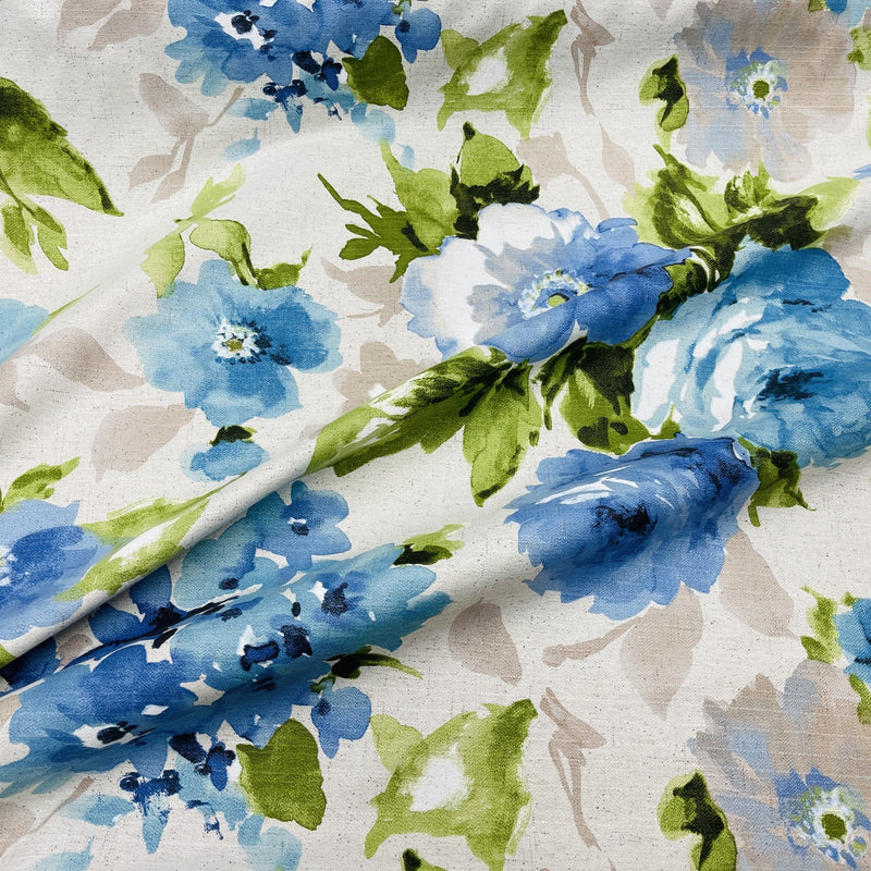 Blue Floral Flower Cotton Linen Look Fabric no