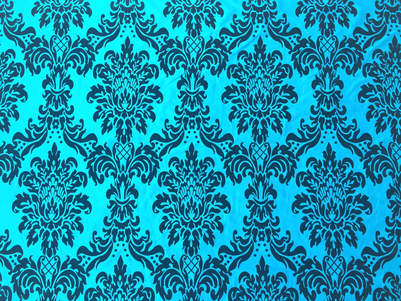 Black Damask Velvet Flock Taffeta Fabric, Teal