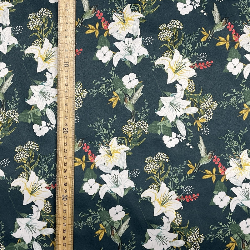 Floral Bird Print Satin Brocade Furnishing Fabric, Bottle