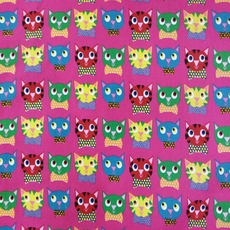 Cats Faces Print Print Furnishing Fabric, Cerise