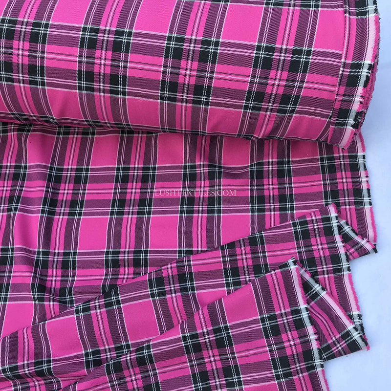 Tissu Poly Viscose Carreaux Tartan Montre Rose Cerise