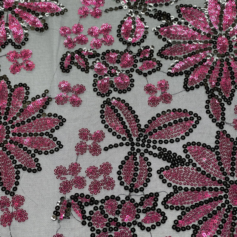 Floral Sequin Net Lace Fabric, Black