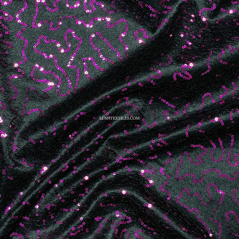 Cerise Sequins Cobweb Bonded Net Lace Satin, Noir