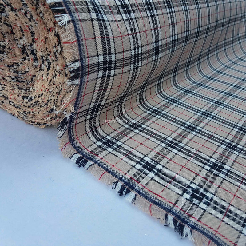 Beige Burberry Style Check Tartan Poly Viscose Dress Fabric