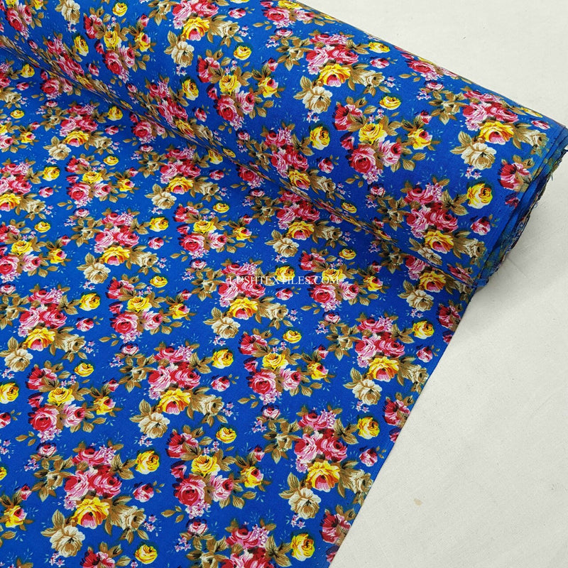 100% Viscose Floral Roses Dress Fabric, Blue