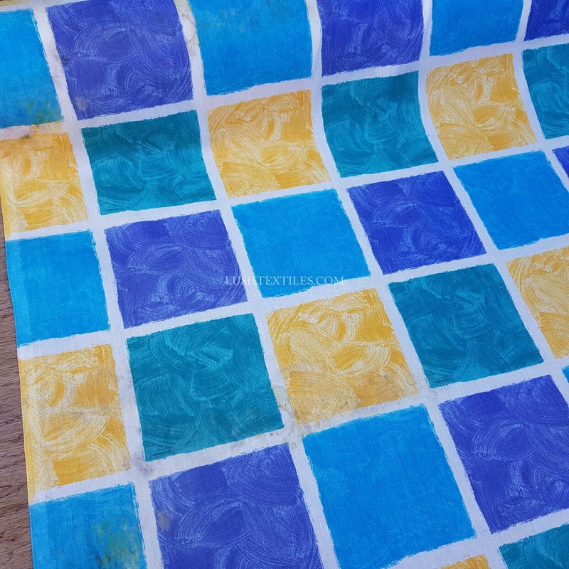 Blue & Yellow Squares Poly Cotton Sheeting Fabric NHS SCRUBS Crafts 200cm WIDE