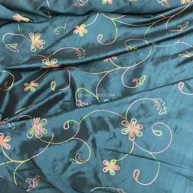 Floral Thread Embroidered Taffeta Fabric, Teal