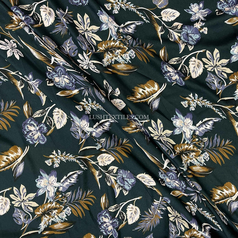 Floral Flowers Printed Viscose Dress Fabric, Navy