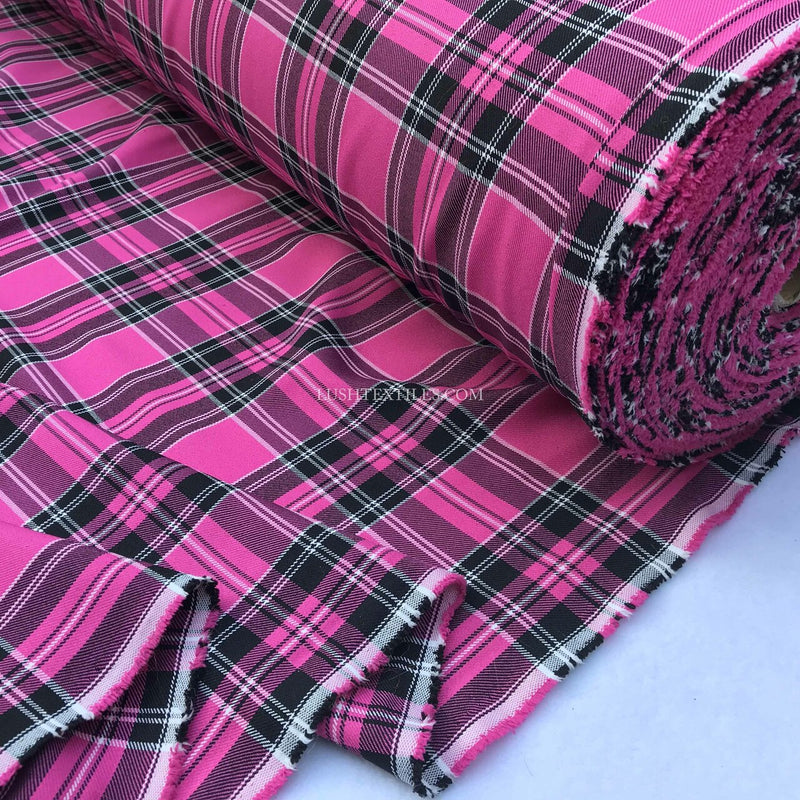 Tissu Poly Viscose Carreaux Tartan Montre Rose Cerise