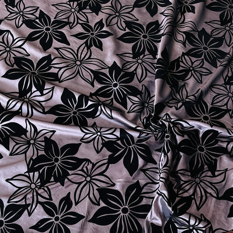 Black Flower Velvet Flock Taffeta Fabric, Aubergine