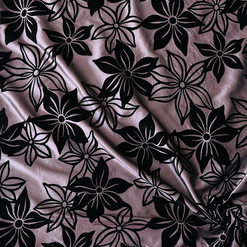 Black Flower Velvet Flock Taffeta Fabric, Aubergine