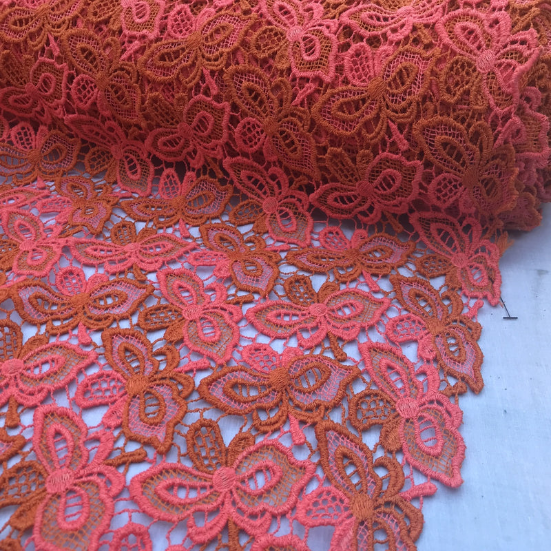 Butterfly Heavy Cotton Lace African Bridal Fabric, Orange/Pink