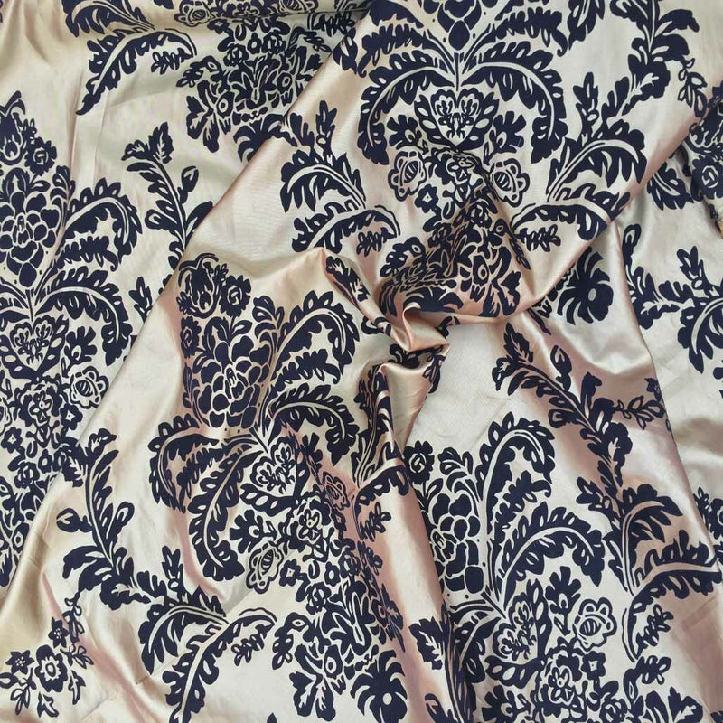 Black Velvet Flock Damask Taffeta Fabric, Gold