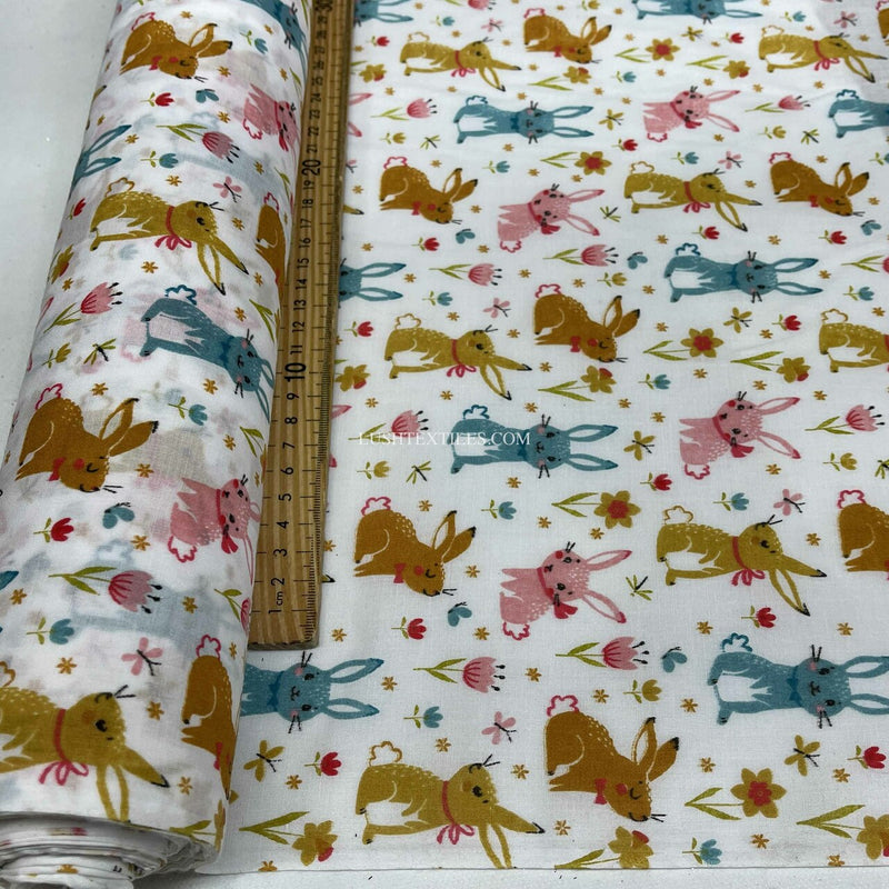 Colourful Bunny Rabbits Poly Cotton Craft Fabric, White