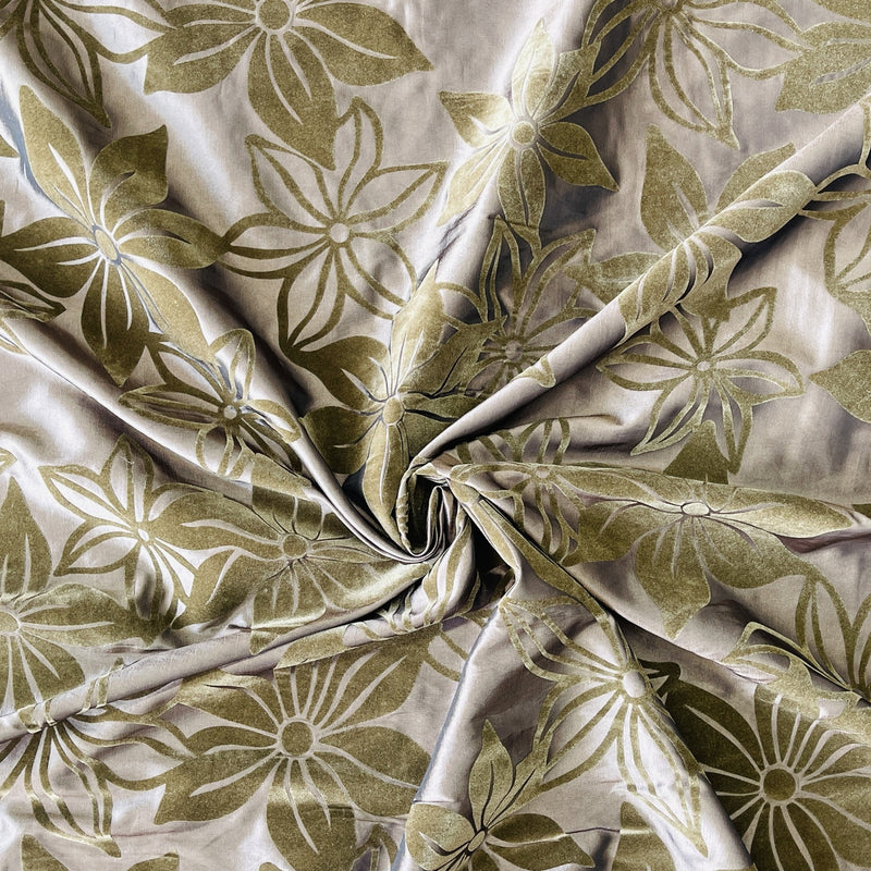 Brown Floral Velvet Flock Taffeta Fabric, Brown