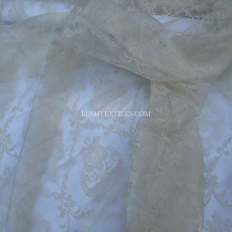 Damask 2 Velvet Flock Organza Net Voile Fabric, Cream