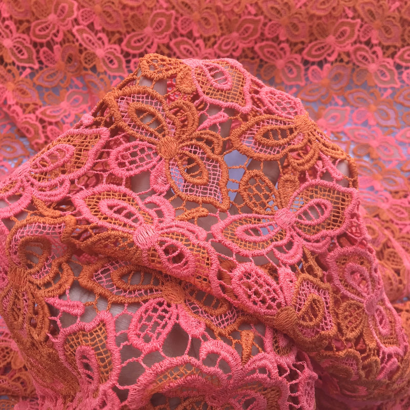 Butterfly Heavy Cotton Lace African Bridal Fabric, Orange/Pink