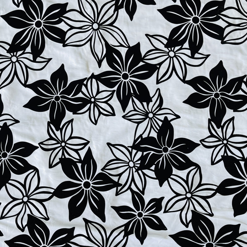 Tissu taffetas floqué velours fleuri noir, blanc