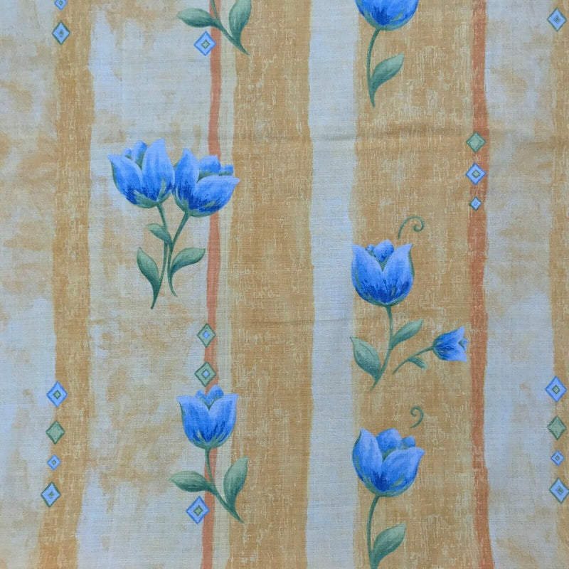 Blue Tulips Flowers Cotton Quilting Vintage Fabric, Yellow