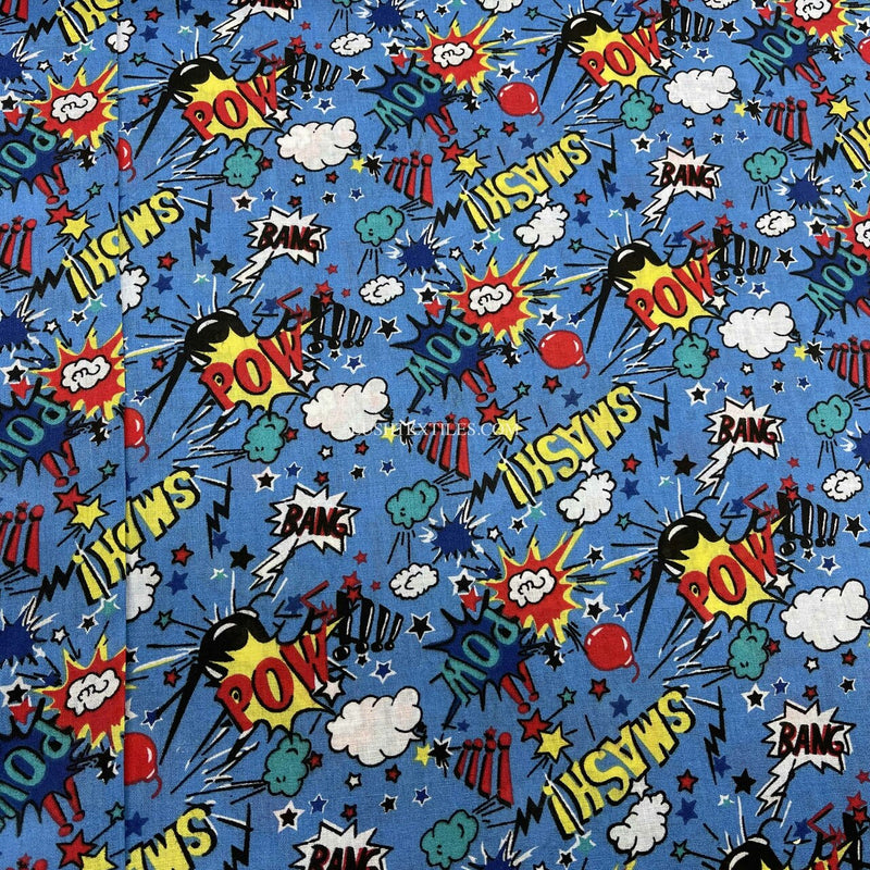 Comic Kids Pow Smash Cotton Fabric, Turquoise