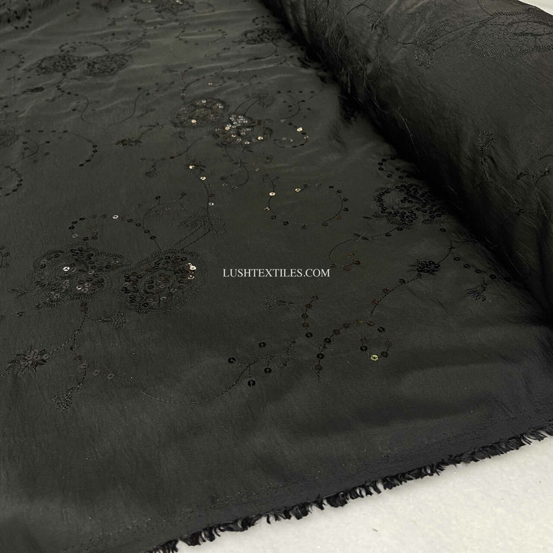 Embroidery Floral Sequin Taffeta Fabric, Black