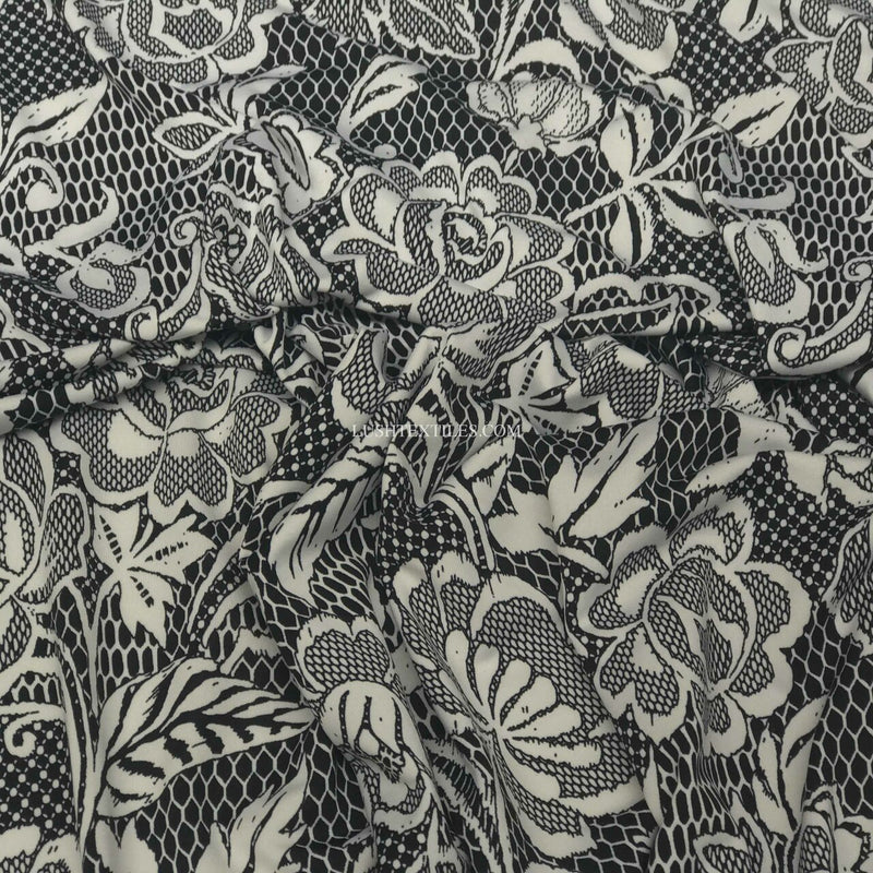 Tissu pour robe en lycra à fleurs florales, noir/blanc