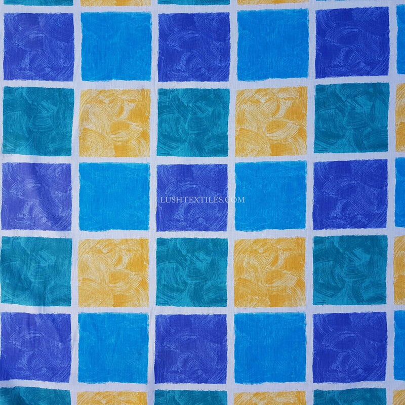 Blue & Yellow Squares Poly Cotton Sheeting Fabric NHS SCRUBS Crafts 200cm WIDE