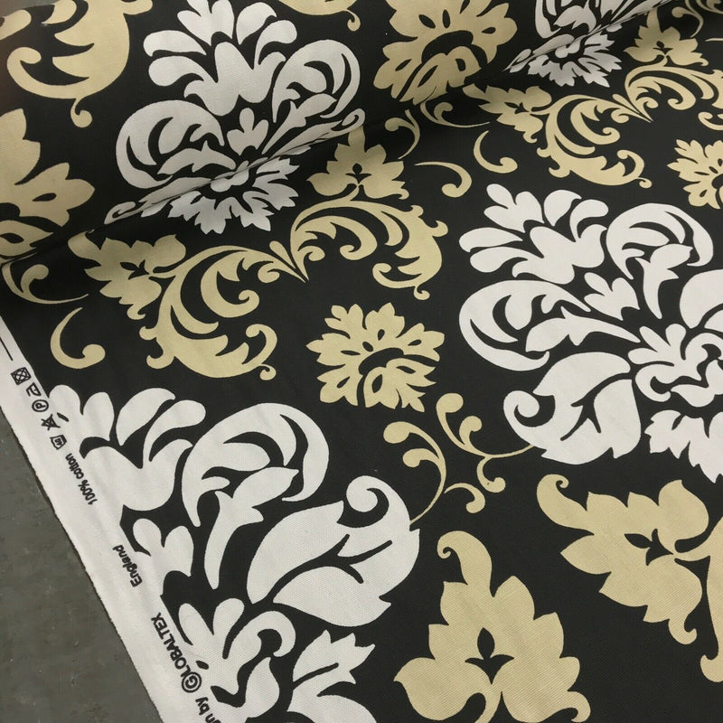 GlobalTex ORLY Beige & White Damask On Black Cotton Fabric Curtain Upholstery