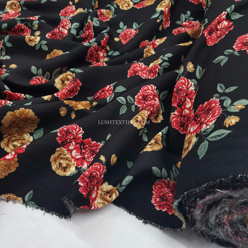 100% Viscose Floral Roses Dress Fabric, Black