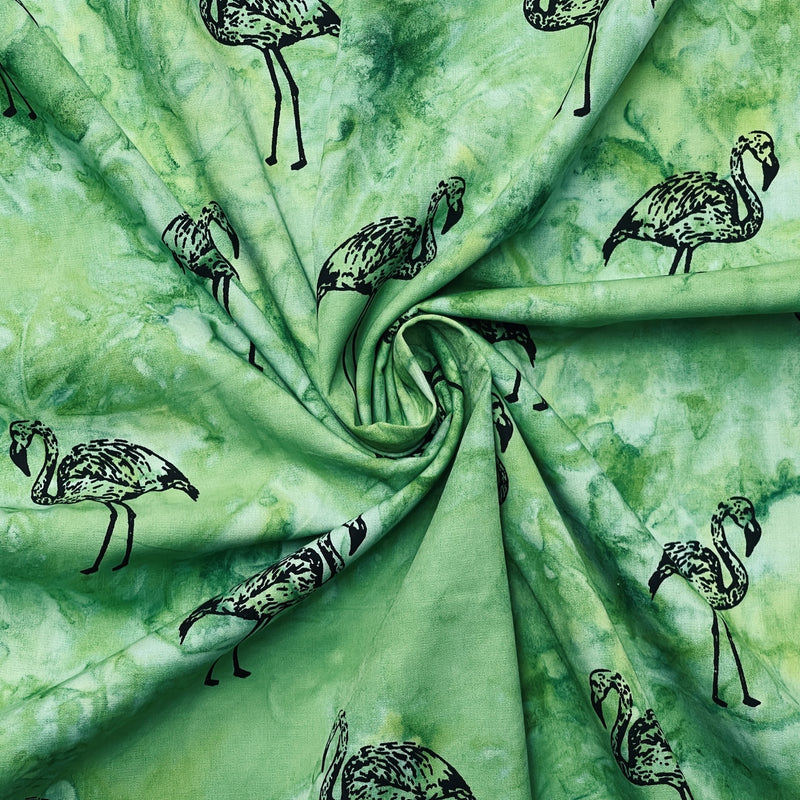 Flamingo Tie Dye Batik Cotton Poplin Fabric, Green