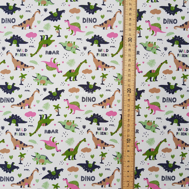 Colourful Dinosaurs Print Rose & Hubble Cotton Fabric