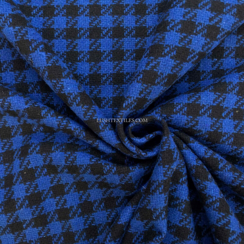 Black Hounds Dogtooth Checks Warm Wool Melton Fabric Make Parka Mac Jacket, Blue