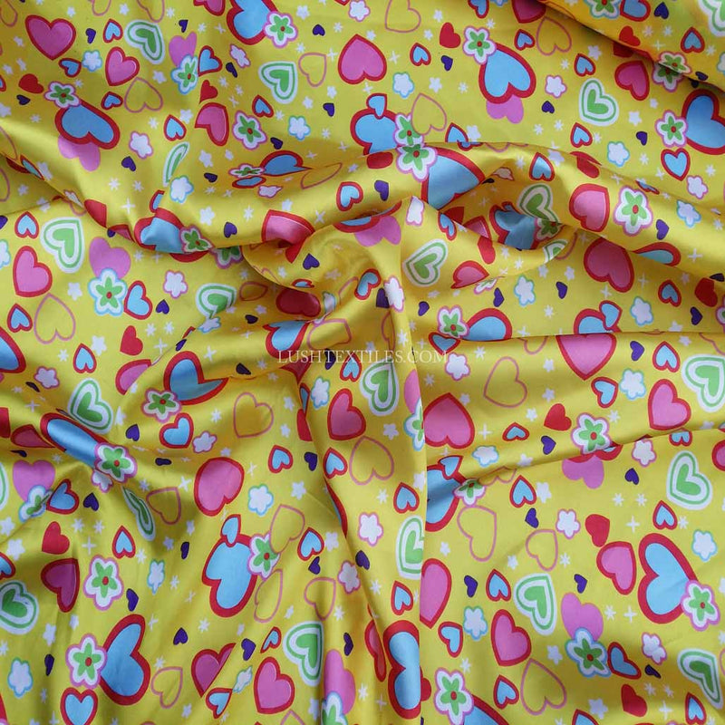 Colourful Hearts Printed Satin Dress Fabric