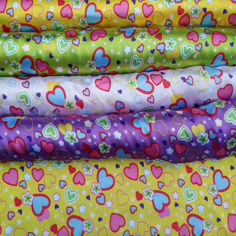 Colourful Hearts Printed Satin Dress Fabric