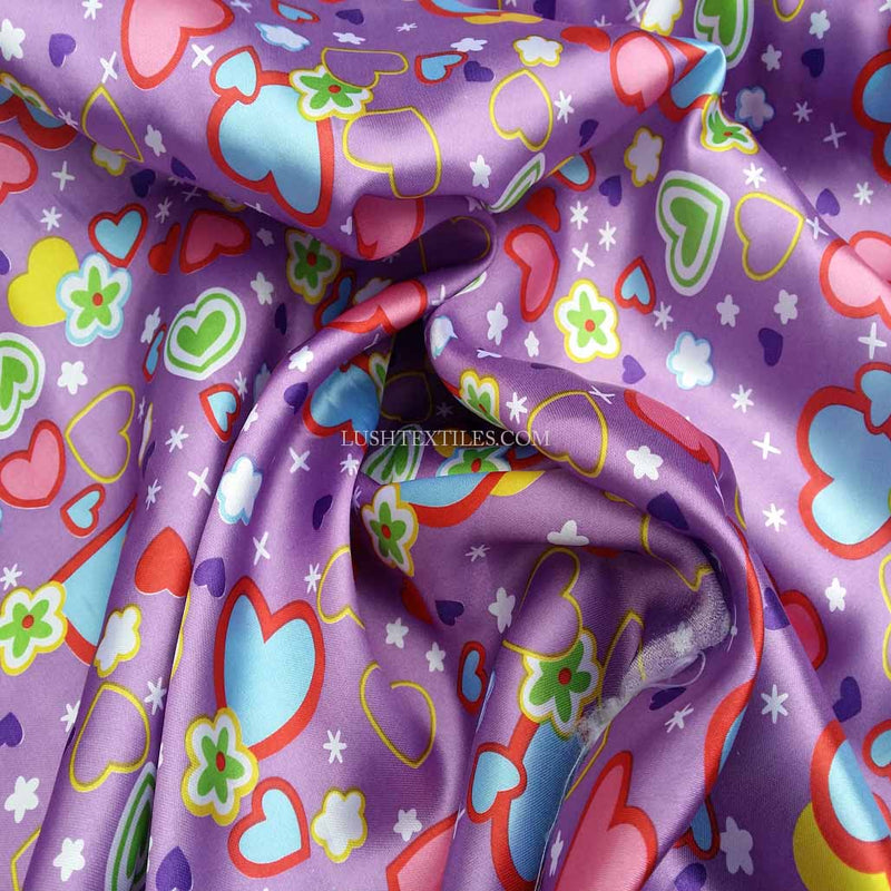 Colourful Hearts Printed Satin Dress Fabric