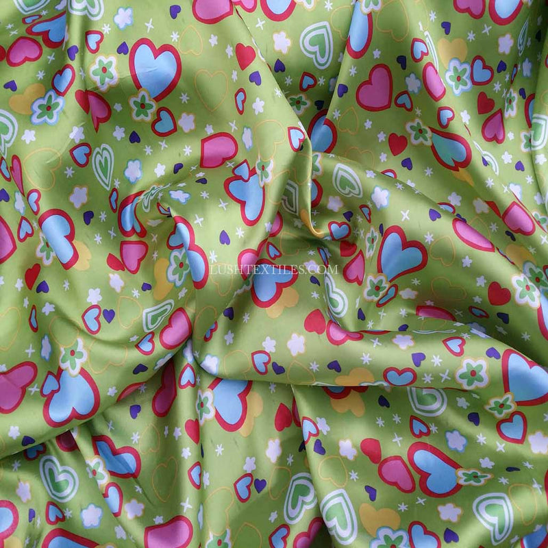 Colourful Hearts Printed Satin Dress Fabric