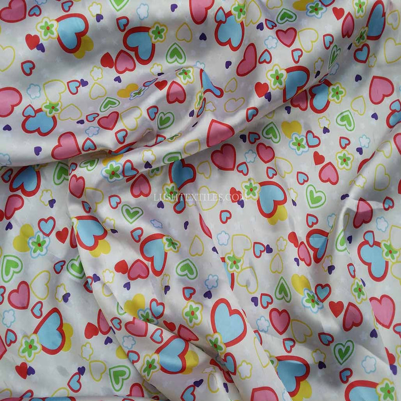 Colourful Hearts Printed Satin Dress Fabric