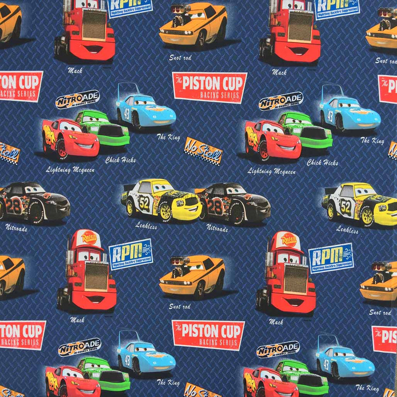 Disney Cars Print Kids Cotton Furnishing Fabric. Navy