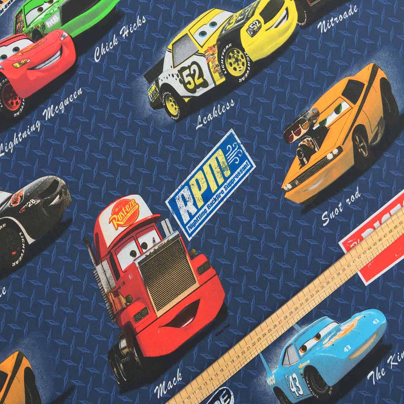 Disney Cars Print Kids Cotton Furnishing Fabric. Navy