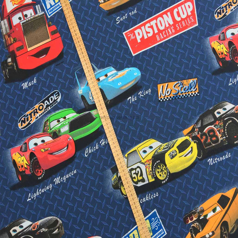 Disney Cars Print Kids Cotton Furnishing Fabric. Navy