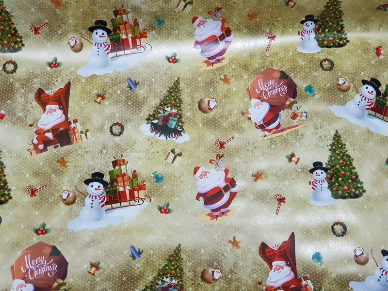 Christmas Print  Santa Xmas Table Cloth Oilcloth PVC  Fabric, Gold