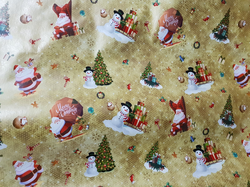 Christmas Print  Santa Xmas Table Cloth Oilcloth PVC  Fabric, Gold