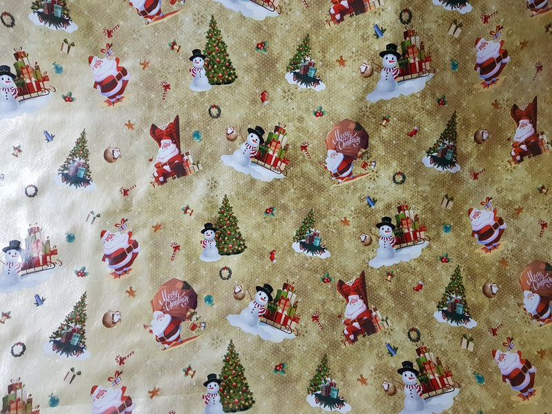 Christmas Print  Santa Xmas Table Cloth Oilcloth PVC  Fabric, Gold