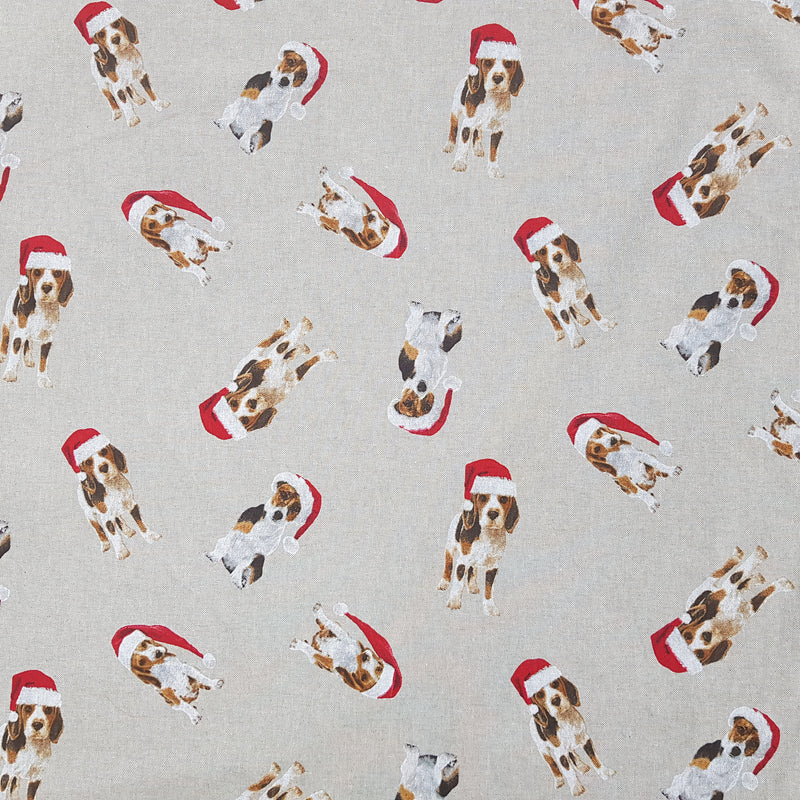 Christmas Puppies Linen Print Cotton Canvas Xmas Fabric