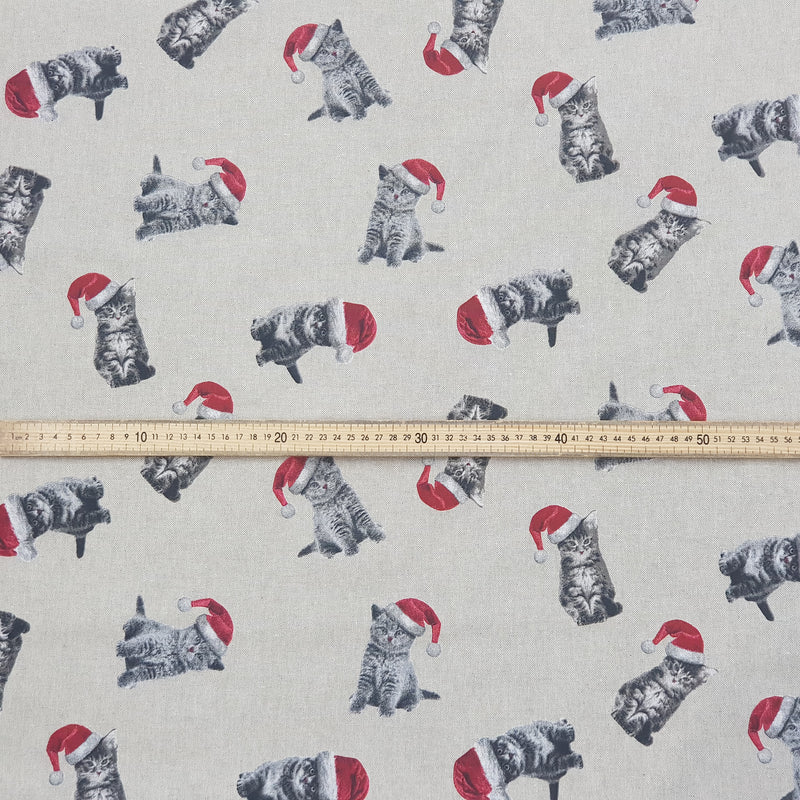 Christmas Kittens Linen Canvas Fabric