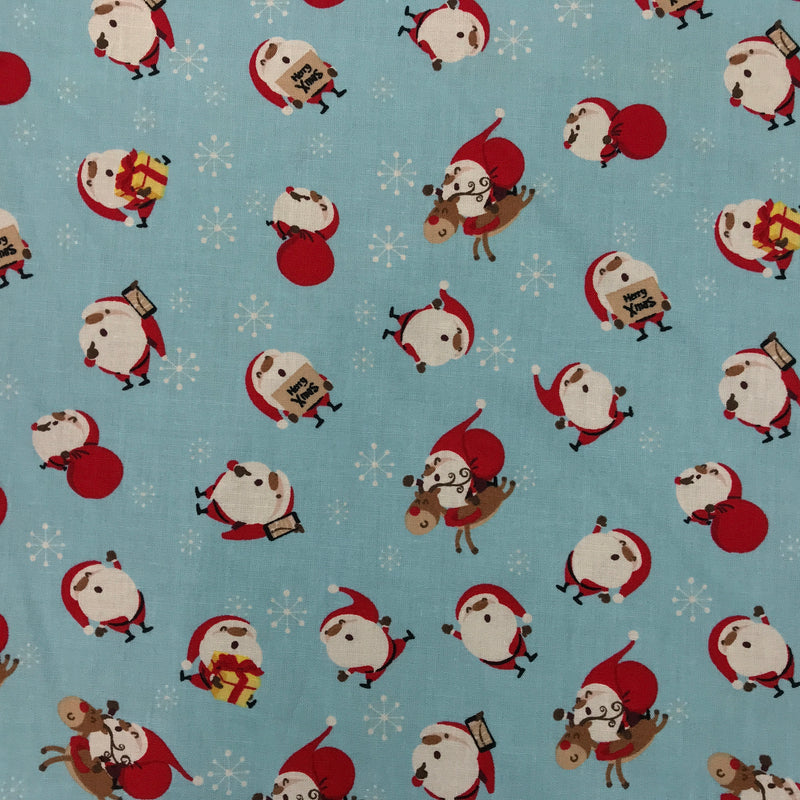 Christmas Santa & Rudolf Xmas Print Cotton Fabric, Blue