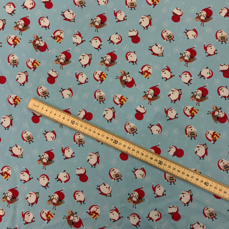 Christmas Santa & Rudolf Xmas Print Cotton Fabric, Blue