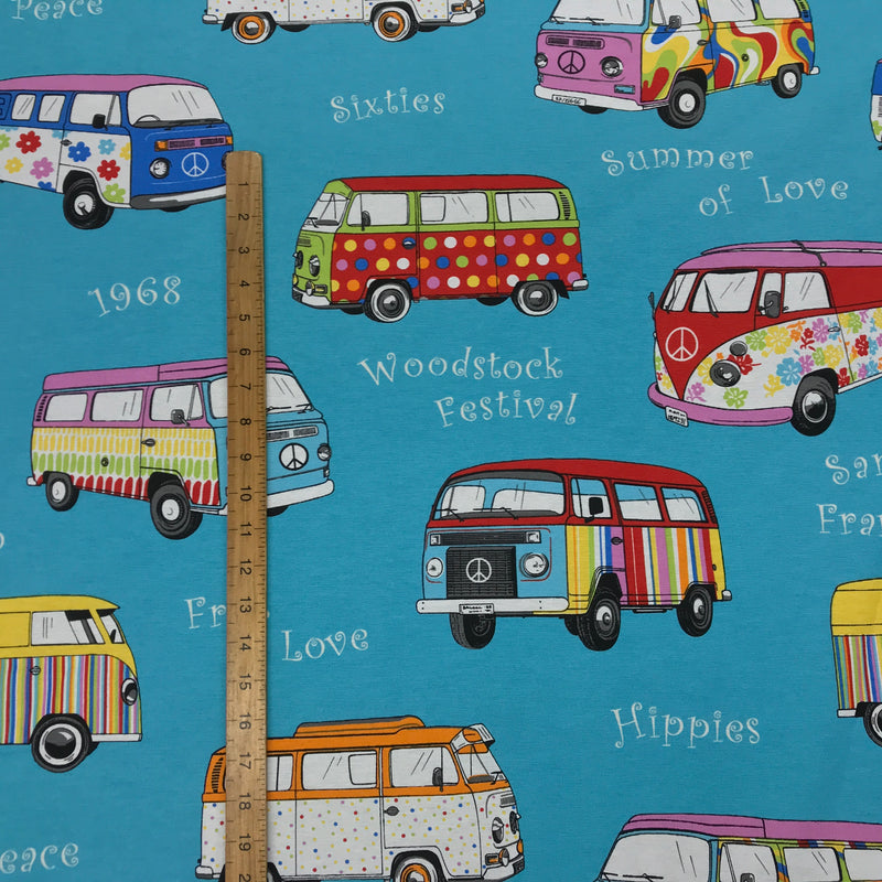 Camper Vans Hippie Print Fabric, Turquoise